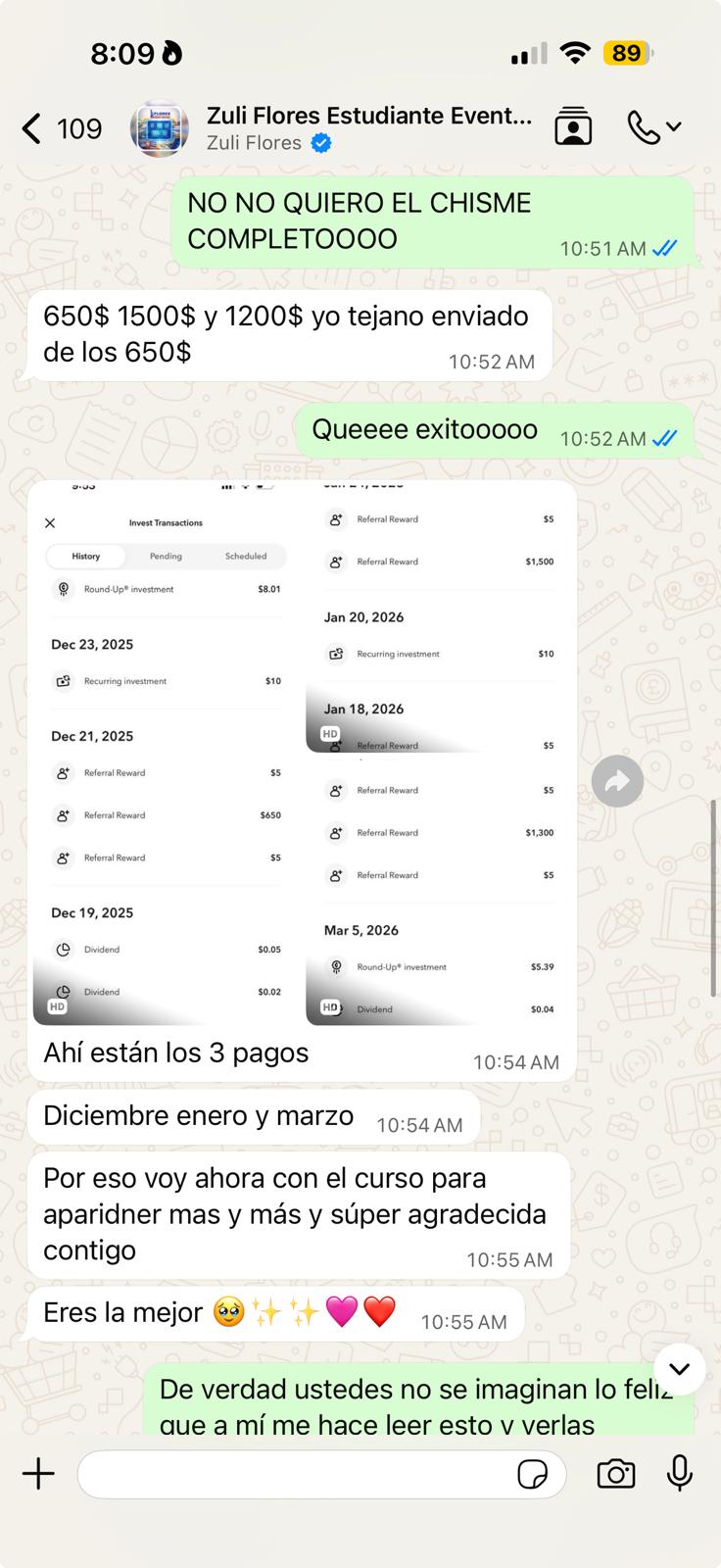 Testimonio de Zuli Flores — $650, $1.500 y $1.200 en pagos de referidos