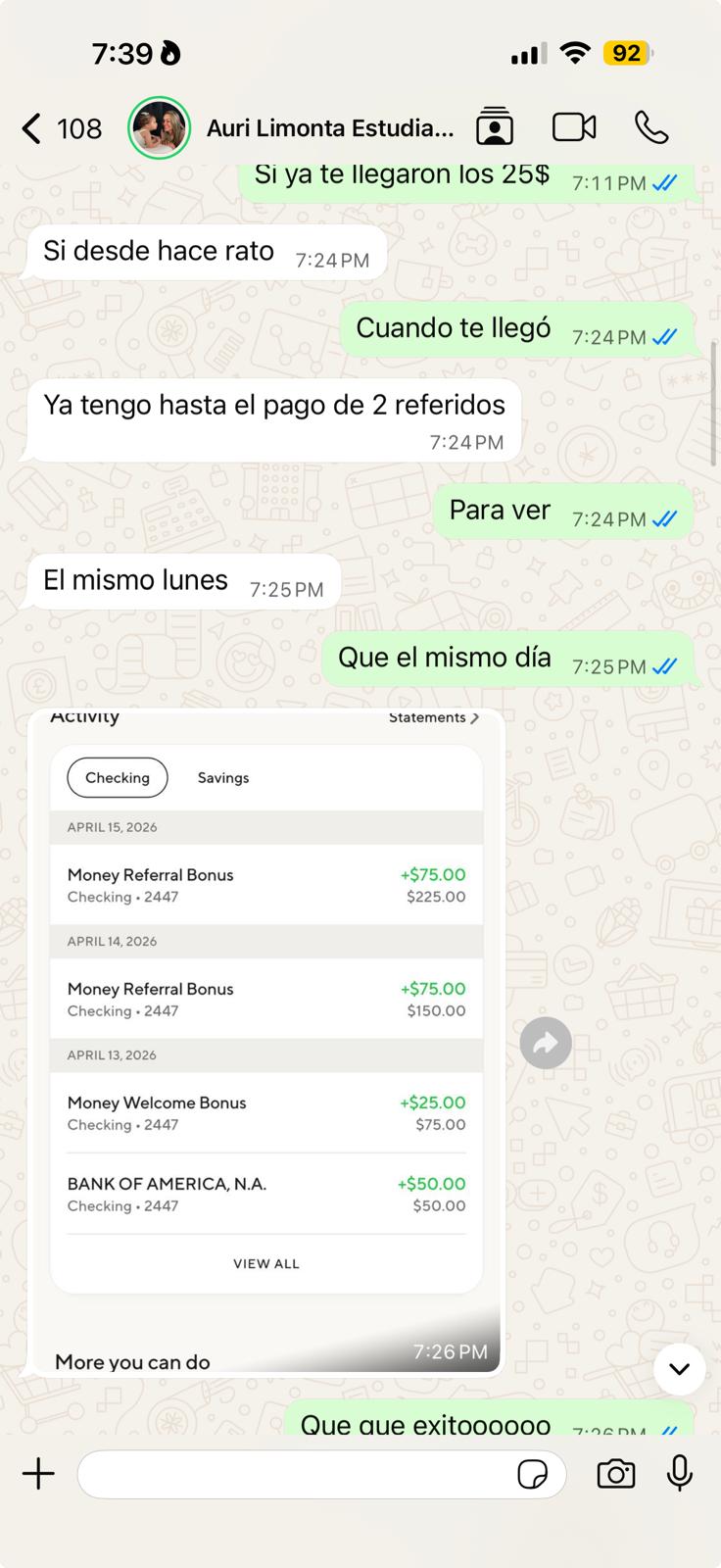 Testimonio de Auri Limonta — múltiples bonos de referidos cobrados en Bank of America
